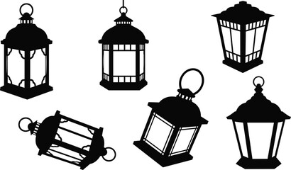 Lantern silhouettes, vintage lanterns, black design, traditional lighting, abstract shapes, interior decor, isolated objects, white background, ornate tops, handle variation