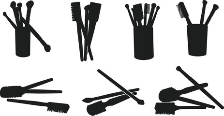 Makeup brush and tool silhouettes, cosmetic accessories in holders and sets, black icons, isolated on white background, beauty and grooming essentials