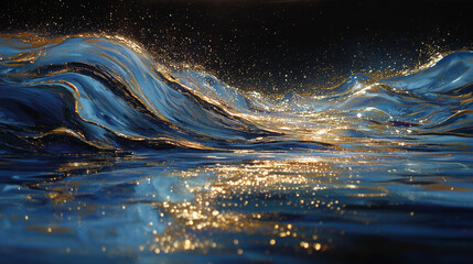 Abstract dark blue gold wave with starry sky art, water ripple reflections and golden dust effect, HD shimmering decor for modern interiors