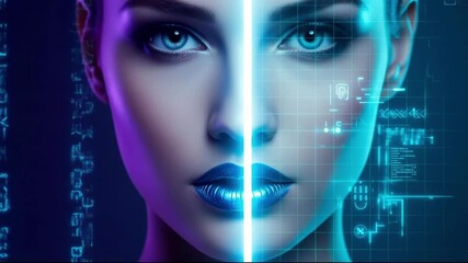Closeup portrait of a futuristic woman with glowing blue eyes and lips, split by a vertical beam of light, with digital data overlays on one side, evoking technology and artificial intelligence - Powered by Adobe