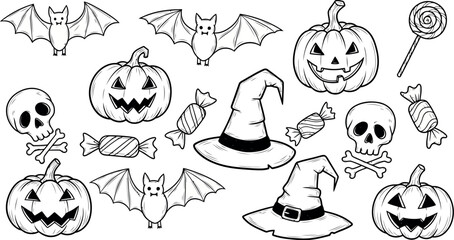 Vector art of halloween doodles with pumpkins, bats, skulls, hats, and candy