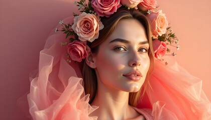 A glamorous bride with pink makeup and a flower wreath in her hair poses with a rose bouquet for a fashion shoot showcasing spring beauty