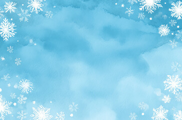 Hand-painted minimalist Christmas border with white snowflakes on light blue background, editable vector design
