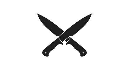 Two crossed kitchen knives depicted in a stark black silhouette