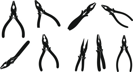 Pliers silhouette collection, black tool icons, mechanical equipment set, isolated on white background, vector illustration, hand tools, repair gear