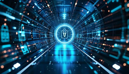 Digital tunnel with glowing blue lines and a central icon of a shopping bag, representing data flow.