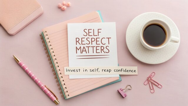 Flat lay of diary with self respect affirmation and coffee cup