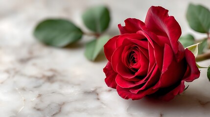 Single red rose on white marble surface with soft shadow and 70% blank background, ideal for romantic posters, Valentine’s decorations, love-themed marketing, and elegant floral displays.
