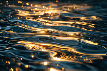 Abstract dark blue and gold flowing water ripples art with glowing effect, high-resolution decor for modern interiors and digital designs