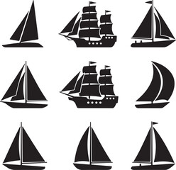 Sailboat and Ship Silhouette Vector Icon Set Nautical Marine and Sailing Graphics