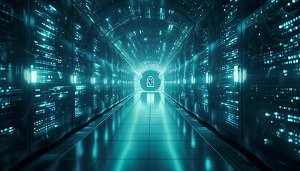 A futuristic tunnel with glowing blue lights and a secure lock icon at the end.