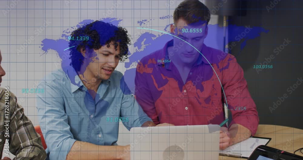 Poster two analysts pointing at laptop initiating data flows on transparent world map for data analysis