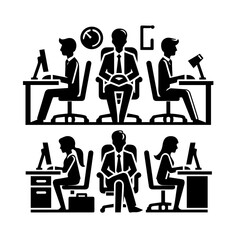Illustration depicting a team of people working at desks, with a central figure in a chair.