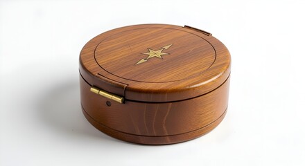 A wooden compass box with scratches, placed neatly on a white background