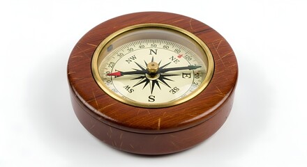 A wooden compass with scratches, placed neatly on a white surface