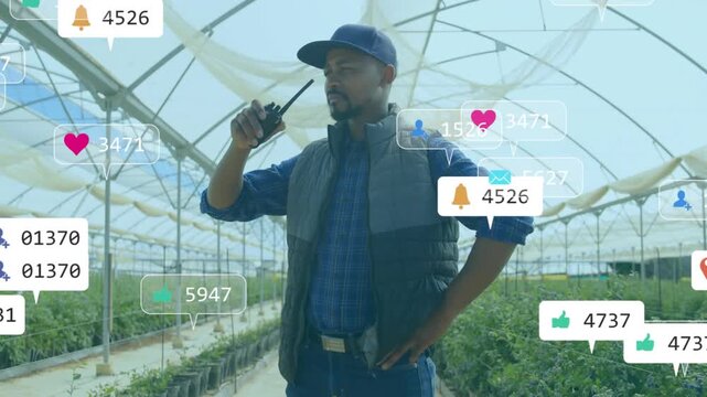 Greenhouse manager speaking into radio, showing animated icons enveloping plants then fading