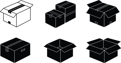 Silhouette collection of cardboard boxes, open and closed packaging, black icons, vector illustration, storage containers, isolated on white background