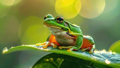 Naklejka premium Vibrant Green Tree Frog Perched on Leaf with Bokeh Background Ultra Sharp Macro Detail