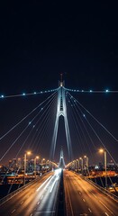Dynamic suspension bridge illuminated at night with glowing city lights and streaking car trails creating a vibrant urban scene