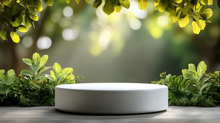 White circular podium at bottom center with empty surface, background of blurred green foliage and sunlight bokeh, 75% blank space for natural product display mockup design
