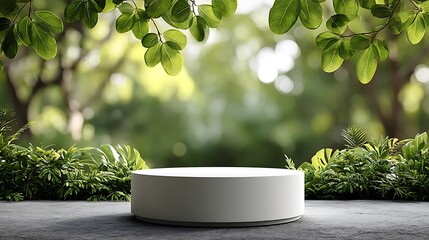 Minimal white round podium with smooth empty surface placed bottom center, green foliage background softly blurred with sunlight bokeh, 75% blank space for clean product showcase