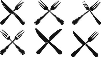 Silhouette collection of crossed forks and knives, dining utensils, black icons, vector illustration, restaurant symbol, food accessory, isolated design