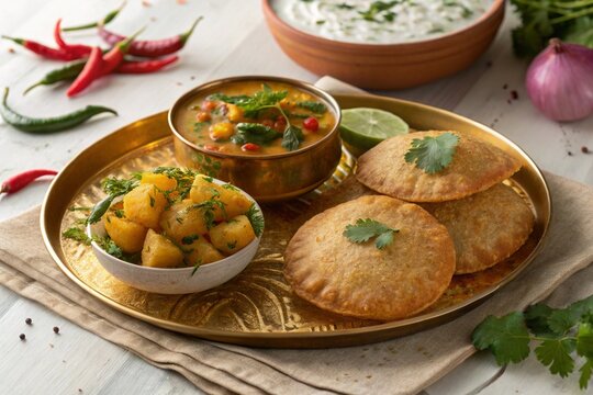 Kuttu Puris Served with Spiced Potato Curry and Yogurt Raita &ndash; High-Resolution Festive Indian Vrat Meal Image