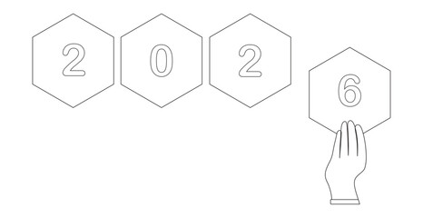 Line art of a hand holding the number 6 to complete the number 2026 written in a hexagonal frame. This icon is to celebrate and have a happy new year 2026.