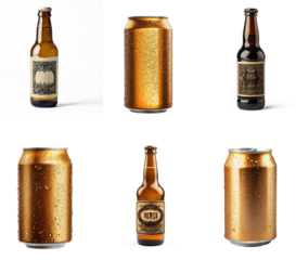 A collection of six beer bottles and cans with water droplets on them.