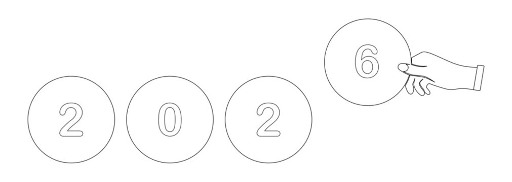 Line art of a hand holding the number 6 to complete the number 2026 written in a round frame. This icon is to celebrate and have a happy new year 2026.
