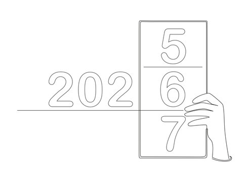 Line art of a hand holding the number 6 to complete the number 2026 written in a square frame. This icon is to celebrate and have a happy new year 2026.