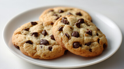 手前にピントが合い温かさを感じる白い皿に重ねられた3枚の焼きたてチョコチップクッキー