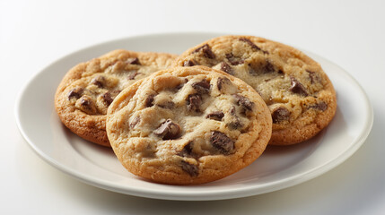 焼きたての温かさを感じる白い皿に盛り付けられた3枚の大きなチョコチップクッキー