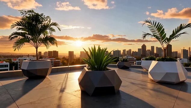 Rooftop garden with panoramic city view at sunset, showcasing modern planters and lush greenery with palm trees