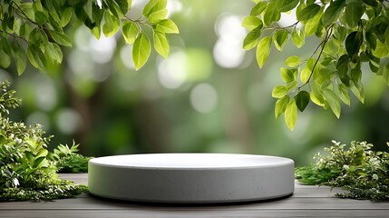 Small white circular podium centered at bottom with empty surface, green blurred foliage background and sunlight bokeh, natural outdoor stage with 75% blank display area