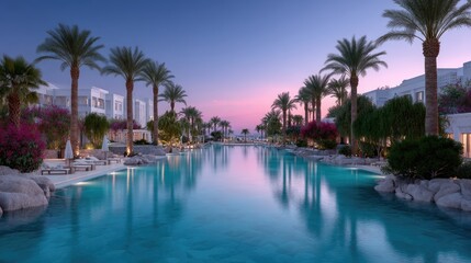 Fototapeta premium Serene Turquoise Swimming Pool Surrounded by Palm Trees and White Buildings at Dusk with a Colorful Sky
