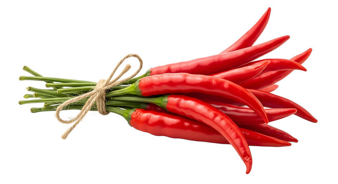 Freshly picked red chili pepper bundle tied with twine, a spicy ingredient, isolated on white background perfect for adding heat to your dish