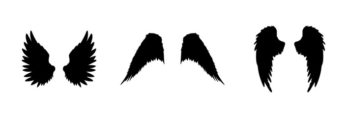 A Vector set of linear heraldic Icarus wings. Collection of black angel or bird wings with feathers alignment. Design element for tattoo, logo or mascot. Birds Wings for background vector for logo.