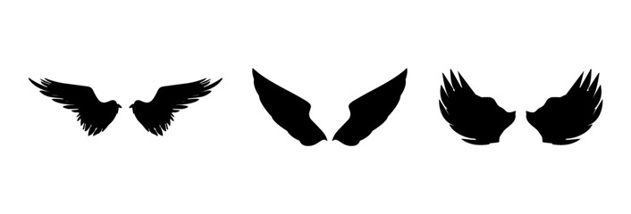 A Vector set of linear heraldic Icarus wings. Collection of black angel or bird wings with feathers alignment. Design element for tattoo, logo or mascot. Birds Wings for background vector for logo.