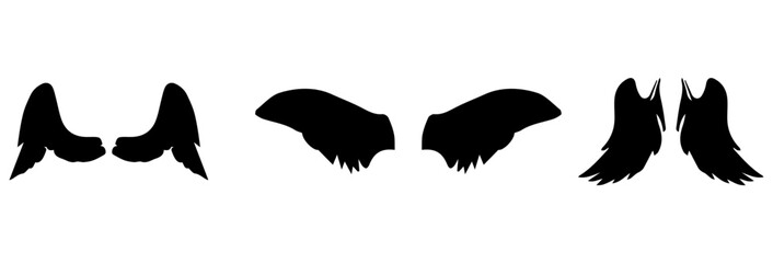 A Vector set of passion linear heraldic Icarus wings. Set of black angel or bird wings with feathers alignment. Design element for tattoo, logo or mascot. Birds Wings for background vector for logo.