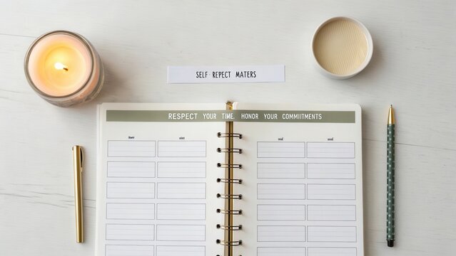 Open planner with candle and self respect banner detail