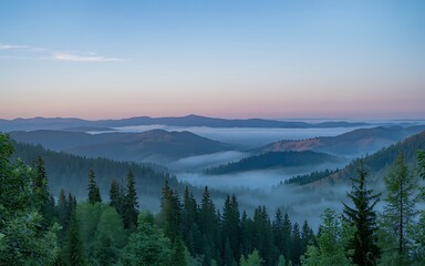 Obraz premium Misty mountain valley at sunrise