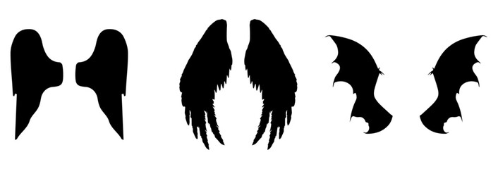 Vector Black raven wing isolated with feather texture , Vector,. Wing of bird isolated on white background. Wings icons set on transparent background. Angel wings icon vector set.