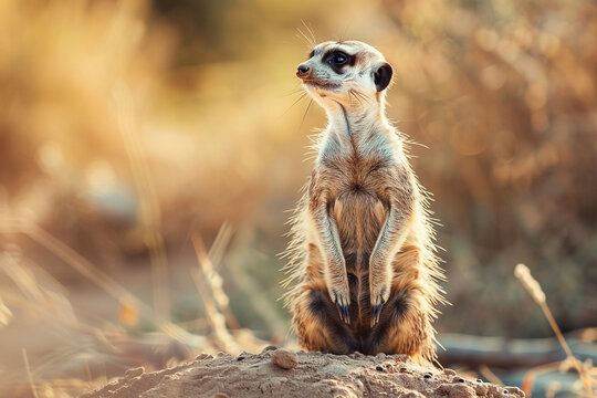 Alert meerkat stands guard observing the savanna wildlife in the golden light