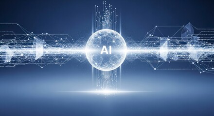 Abstract Digital Representation Of Artificial Intelligence Sphere With Data Stream And Glowing Light