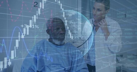 Doctor entering placing scope on patient chest with globe and finance chart for health monitoring - Powered by Adobe