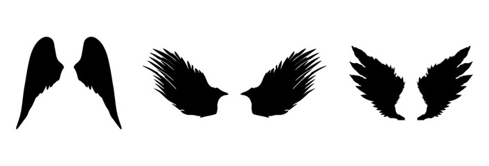 A Vector set of passion linear heraldic Icarus wings. Set of black angel or bird wings with feathers alignment. Design element for tattoo, logo or mascot. Birds Wings for background vector for logo.