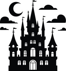 Obraz premium Mysterious gothic castle silhouette under a crescent moon amidst eerie clouds