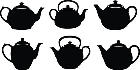 Silhouette collection of teapots, black icons, kitchenware accessory, spout and handle designs, vector illustration, isolated on white background, elegant shapes