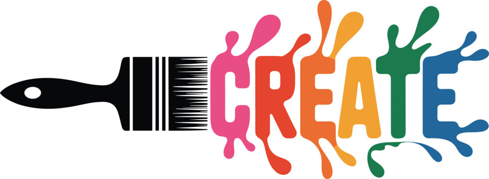 Paintbrush creating colorful text word create art creative design concept symbol